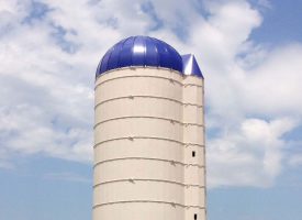 silo with new steel roof in blue