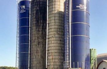An operating dairy farm with several silo styles.